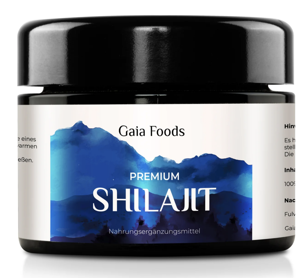 Schwarzes Glasgefäß mit Etikett für Gaia Foods Premium Shilajit Nahrungsergänzungsmittel. Das Etikett zeigt ein abstraktes blau-schwarzes Bergmotiv im Aquarellstil mit weißer und schwarzer Schrift.